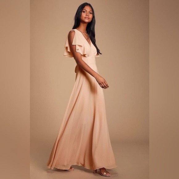 Lulu’s Dearly Loved Blush Pink Flutter Sleeve Maxi Dress Bridesmaids - Picture 3 of 11